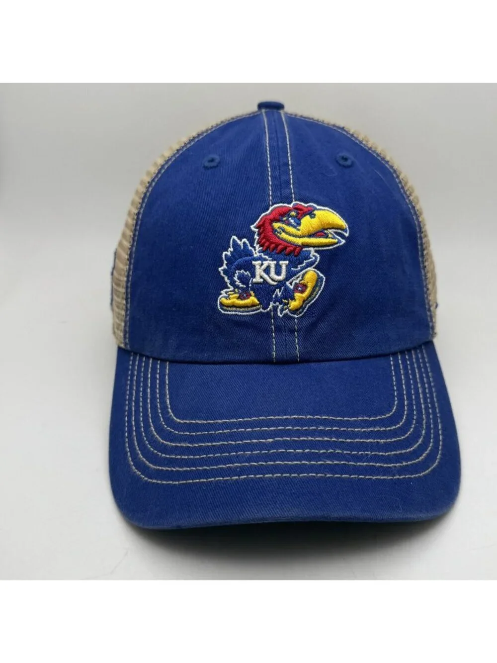 Kansas Jayhawks KU NCAA Adjustable Trucker Hat Royal Blue Tan Cap OHT 47 Brand